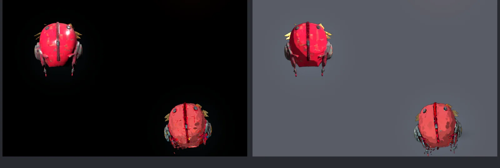 The same stand frame on a black and on a grey background, floaters visible only on grey
