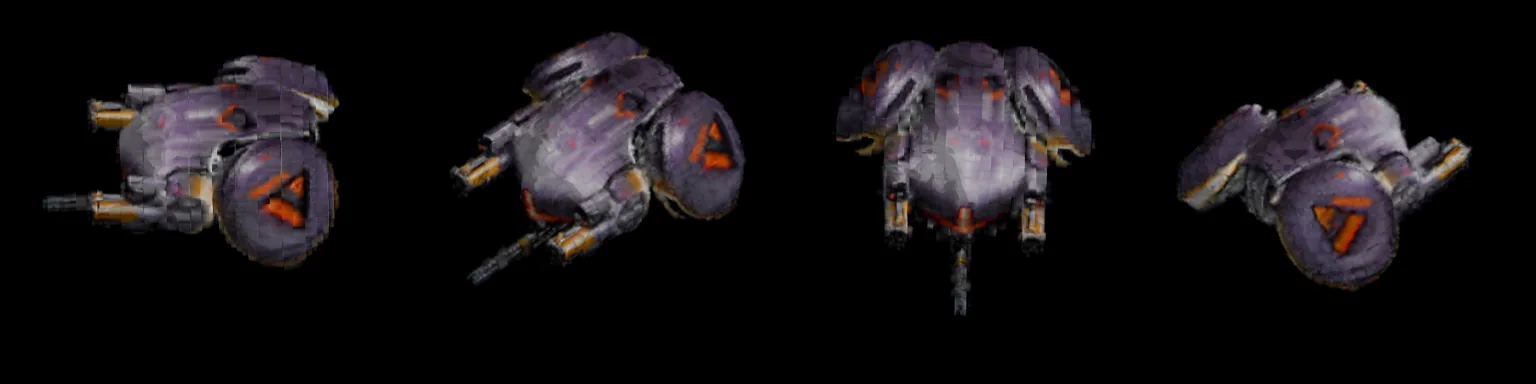 Four views of the splat drone from the game viewport