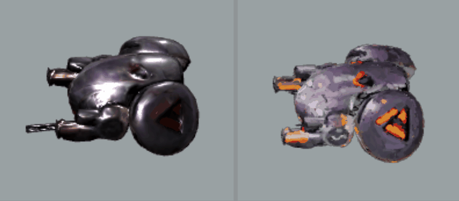 Animated: the source GLB and the splat hull side by side, rotating in yaw