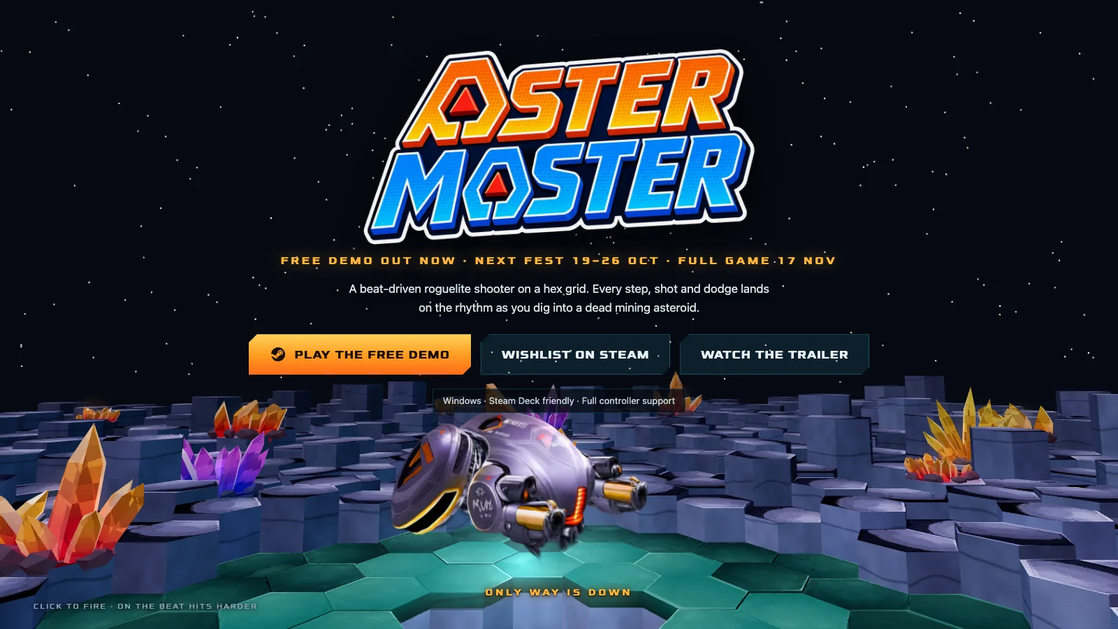 The mine entrance on aster-master.com: a splat drone over three.js crystals and slabs